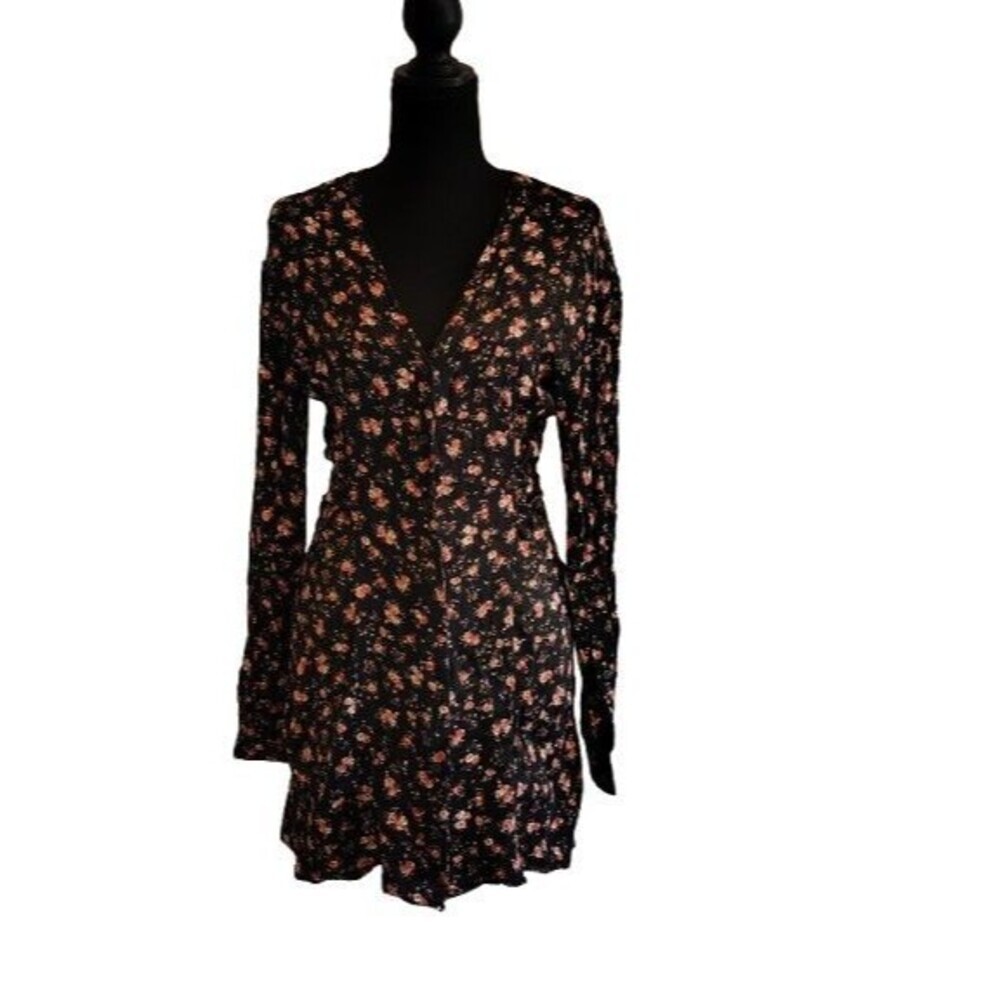 ZARA Floral V-Neck Button Front Mini Dress Medium Black Soft Viscose Long Sleeve